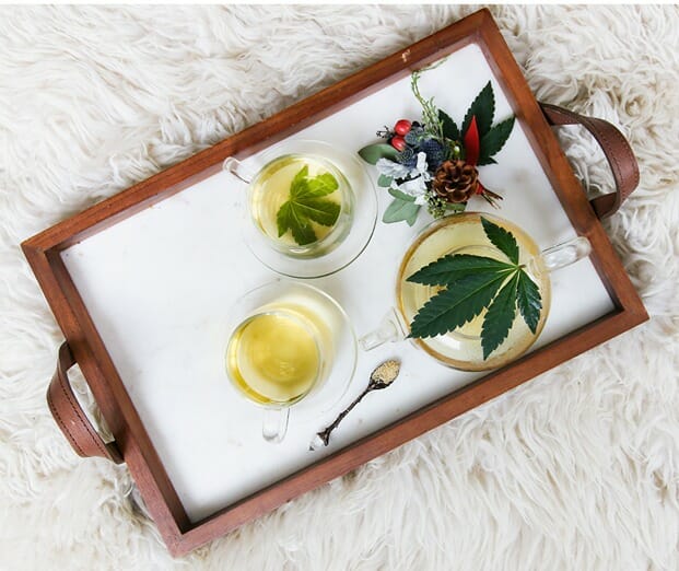 Plateau avec divers infusions au CBD pour bénéficier des bienfaits du chanvre