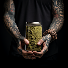 Pot de skuff de cannabis tenu dans les mains d'un homme avec les bras tatoués
