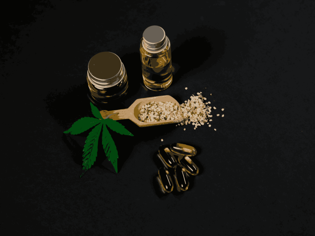 Deux bouteilles d'huile de CBD ainsi que des capsules et des graines de cannabis illustrant les différentes manieres de consommer des cannabinoides