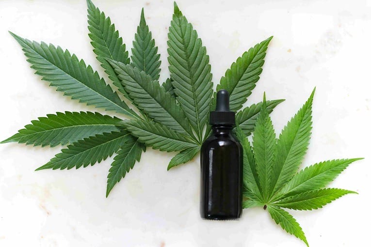 Bouteille d'huile compte goutte posée sur des feuilles de cannabis